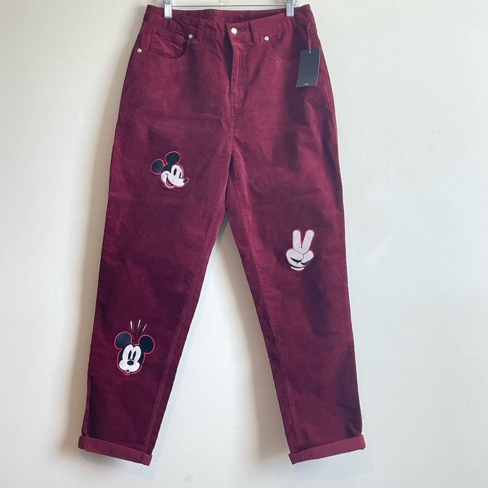 NWT Burgundy Corduroy Jeans with Mickey Patches Hit Topic Mom Pants Sz 11